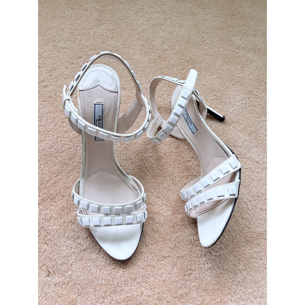 Prada White Studded Patent Leather Strappy Stiletto Sandals Size 39 Italy
